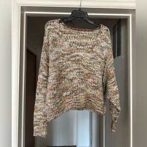FREE PEOPLE Cropped V-Neck Sweater, Green/Cream/Multi-colored, Size XS